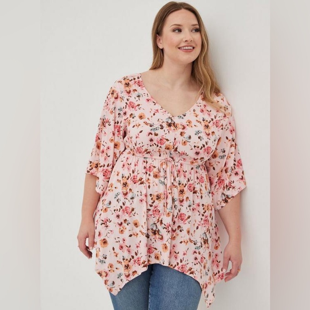 torrid Pink Floral V-Neck Tie-Waist Blouse